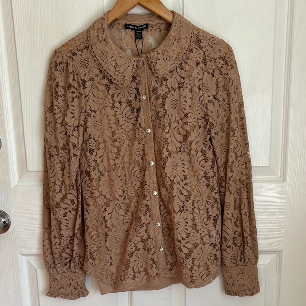 NEW CABLE & GAUGE Cottage Lace overlay Button-Up Top Peter Pan Collar size Small